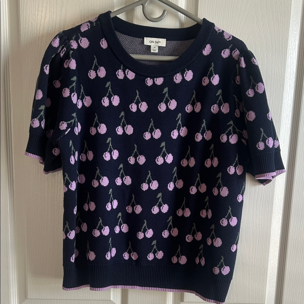 Chic Cherry Patterned Sweater in Navy and Pink
